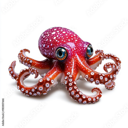 Vibrant Red Octopus with White Spots, Eight Tentacles, Big Eyes.