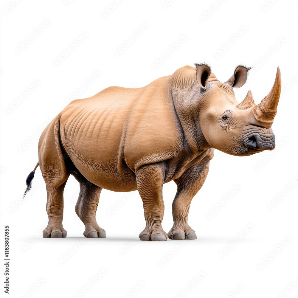 Obraz premium Majestic Rhino: A powerful creature, standing tall against a stark white backdrop.