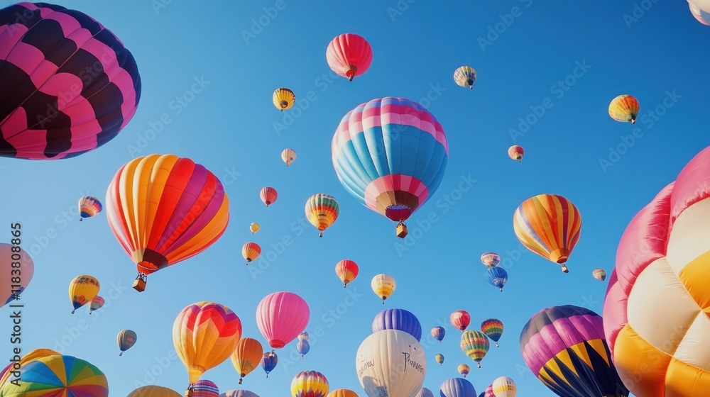 Obraz premium Colorful Hot Air Balloons Soaring in a Vivid Blue Sky