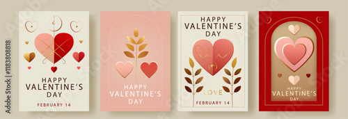 Set of Elegant Valentine's Day Greeting Cards Featuring Golden Elements, Heart Motifs, and Minimalistic Modern Design in Warm Shades of Red, Pink, and Gold for February 14 Celebration and Romantic 