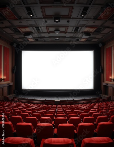 Empty Movie Theater Seats Facing Large Blank Screen photo