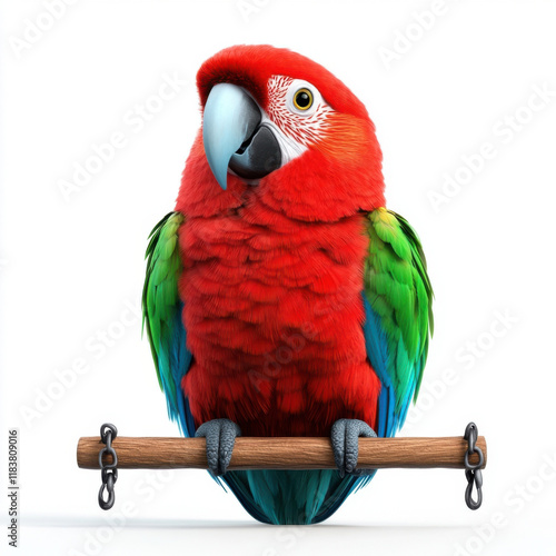 Vibrant Scarlet Macaw perched on wood, a splash of tropical color against a stark white backdrop.