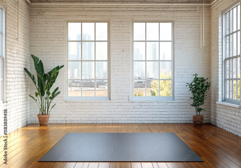 Fototapeta premium A large room with a white brick wall and two windows