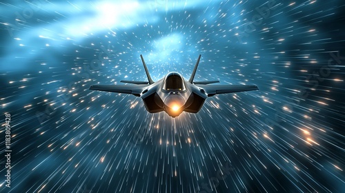 F-35 Lightning II jet, flies through a dazzling starry space, showcasing advanced technology and a sense of speed.