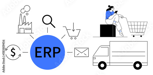 Central ERP circle connecting manufacturing, finance, search, shopping cart, email, and delivery truck icons. Woman using a mobile phone while sitting on a box. Ideal for business integration