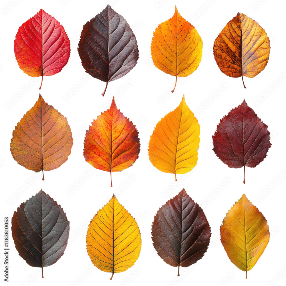 Fototapeta premium Twelve Vibrant Autumn Leaves Red Orange Yellow Brown Fall Foliage Collection