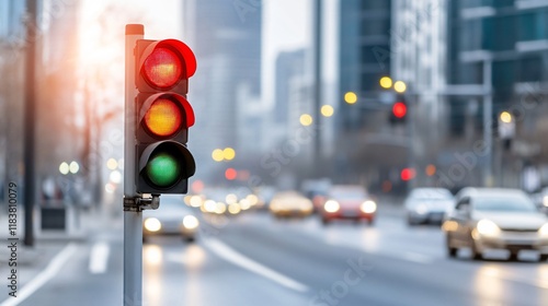 A traffic light displays red, yellow, and green signals, guiding vehicles in a bustling urban environment with blurred cars in motion.