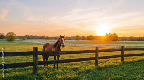 A serene sunset scene featuring a horse beside a wooden fence in a lush green field, evoking tranquility and the beauty of nature.