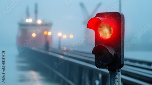 A red signal light illuminates a foggy pier, guiding ships safely through the mist towards a distant vessel.
