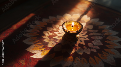 Karthigai Deepam, close up of a brightly lit traditional Indian oil lamp, placed on an intricate rangoli, the candle light creates beautiful shadows around the pattern, Ai generated images  photo