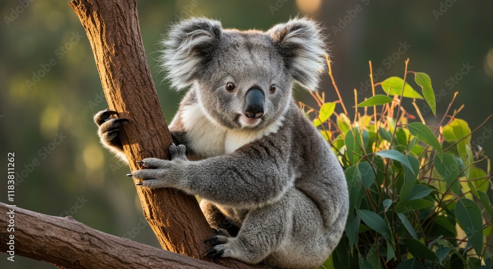Fototapeta premium Koala Bear Sitting On A Tree Branch In Sunlight