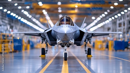 F-35 Lightning II jet, A sleek military aircraft poised in a modern hangar, showcasing advanced design and technology in aerospace engineering.