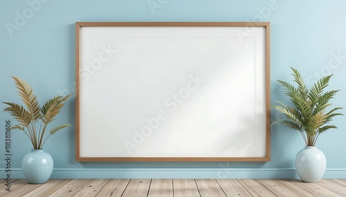 Large Blank Frame Flanked By Plants In Vases