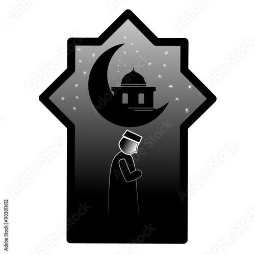 Illustration vector graphic of muslim people who are praying black and white with mosque background, vector design illustration of ramadan, eid, isra miraj, lailatul qadar and other islamic events