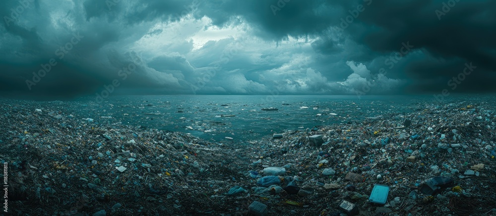 Obraz premium Ocean Pollution: A Dark and Stormy Seascape of Plastic Waste