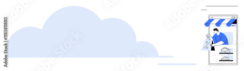 Large cloud on the left, person in blue shirt manages online store through mobile device with awning. Ideal for e-commerce, technology, cloud services, online shopping, digital business, mobile apps