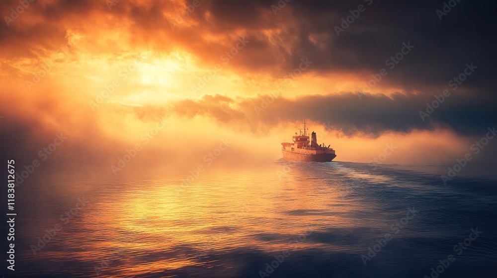 Majestic Sunset over the Ocean with a Ship Sailing Majestic Sunset over the Ocean with a Ship Sailing