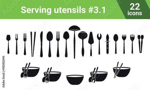 Cutlery vector set: sugar spoon, two-pronged fork, dessert fork knife, spoon, chopsticks, tablespoon, soup gravy ladle, spatula, salad vegetable fork, oyster knife, sugar tongs. Salad set. Filled icon