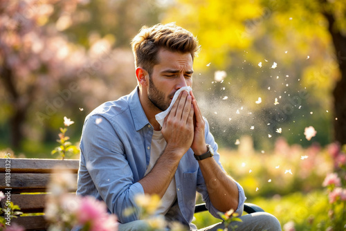 Young Caucasian man sneezing into a tissue while sitting on a park bench surrounded by blooming flowers, suffering from seasonal pollen allergy during a sunny spring day.