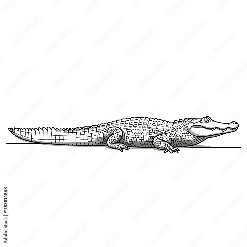 Naklejka premium Detailed black and white illustration of a large alligator resting on a line, showing scales.