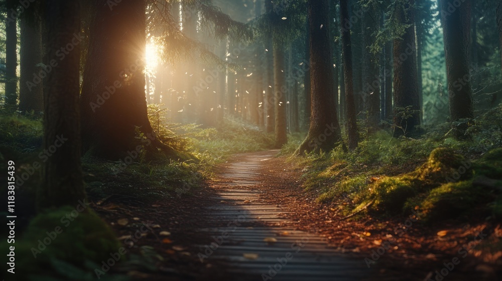 Fototapeta premium Sunlit Forest Path: A Magical Woodland Walk