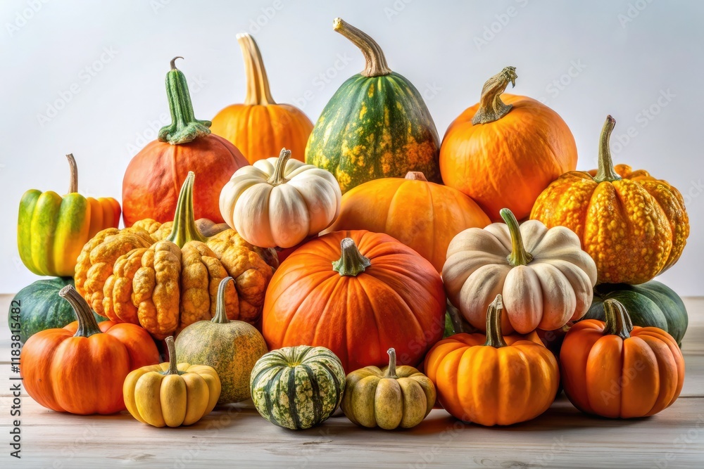 Vibrant autumn pumpkins and gourds burst across a crisp white background, perfect fall wallpaper. Vibrant autumn pumpkins and gourds burst across a crisp white background, perfect fall wallpaper.