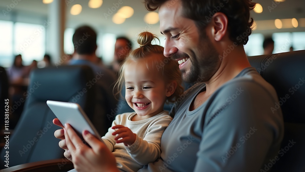 A parent in a bustling airport lounge, video calling their child on a tablet, their surroundings fading into soft blur as they focus on their little one's smile A parent in a bustling airport lounge, video calling their child on a tablet, their surroundings fading into soft blur as they focus on their little one's smile
