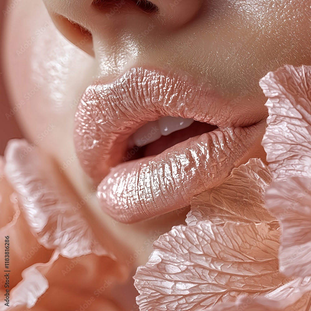 Fototapeta premium Close up of glossy pink lips in soft pastel tones