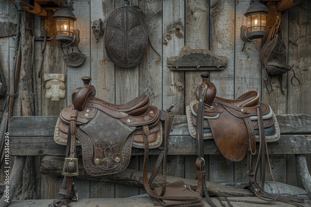 Rustic leather saddles hanging on barn wall in vintage western setting