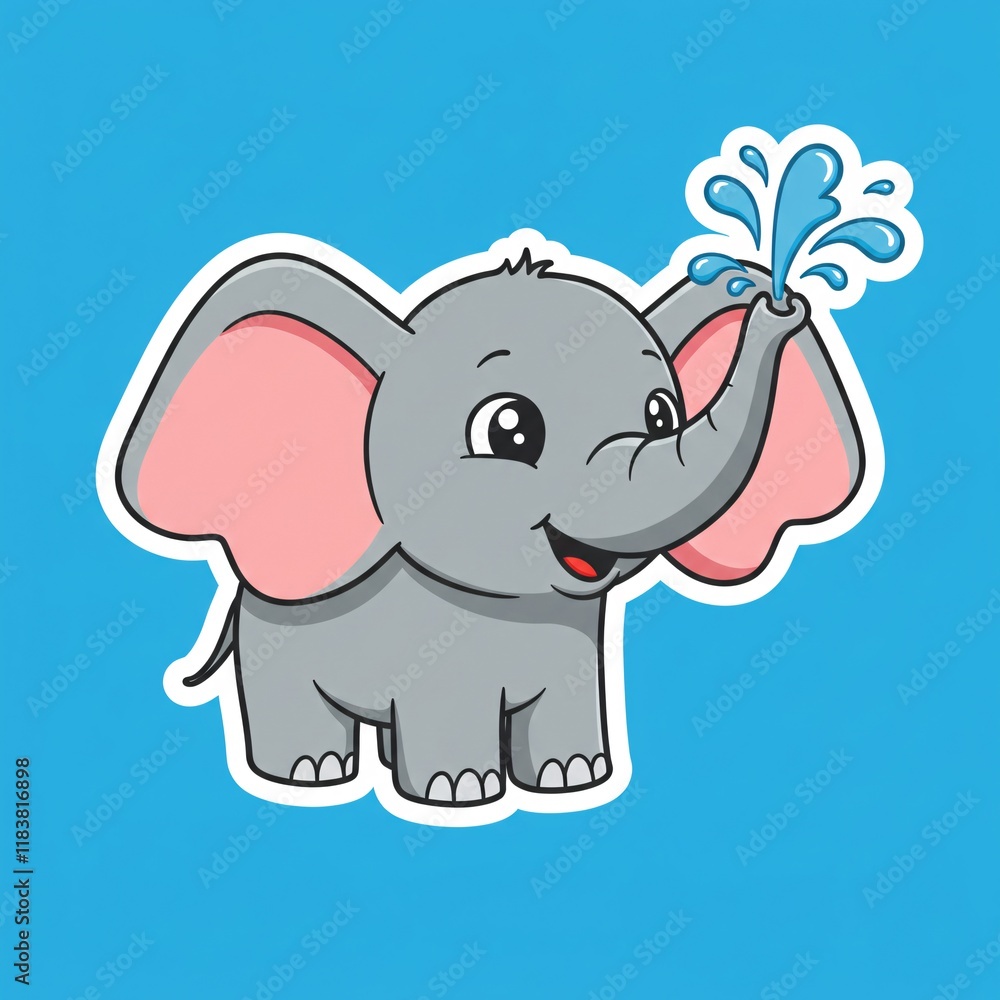 Fototapeta premium Sticker of a cute elephant with floppy ears and a happy trunk, spraying water