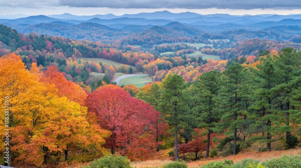 Obraz premium Autumnal Mountain Majesty: A Panoramic View of Fall Foliage