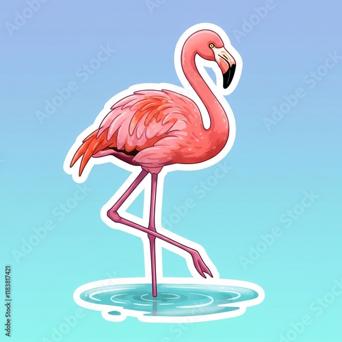 Sticker of a cute flamingo with long, graceful legs and a bright pink body, standing in a shallow pool of water