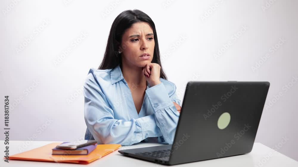 Latin businesswoman thinking at laptop in slow motion on white background Latin businesswoman thinking at laptop in slow motion on white background