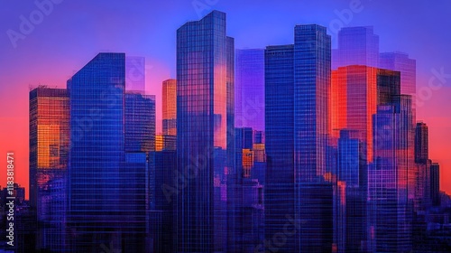 Wallpaper Mural Vibrant Cityscape at Sunset: A Symphony of Skyscrapers in Hues of Purple and Orange Torontodigital.ca