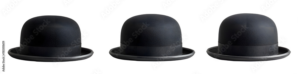 Fototapeta premium Three vintage black bowler hats neatly arranged in a group on a plain white background The classic gentleman s headwear is a sophisticated formal accessory with a distinctive dome shaped design