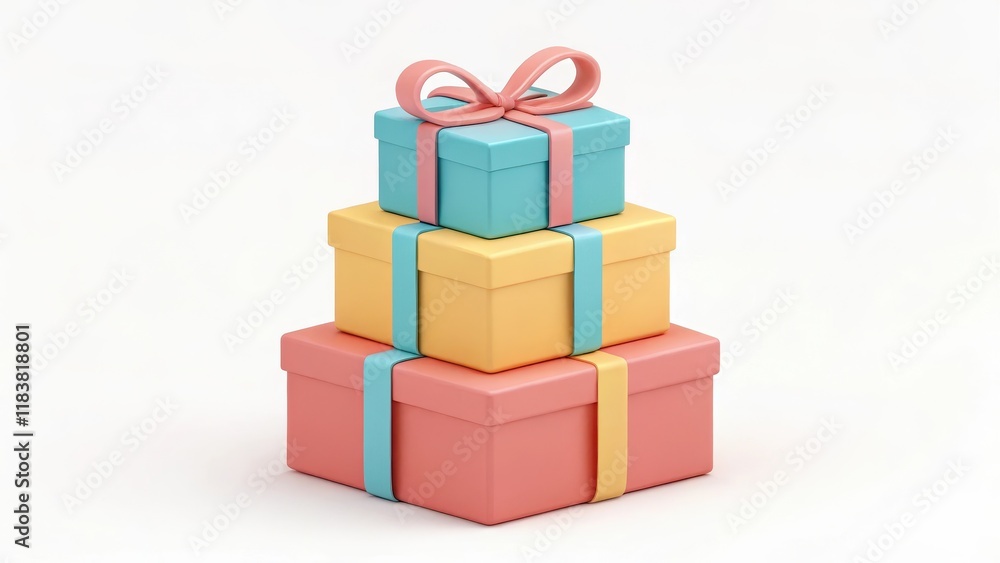 Obraz premium 3D illustration of pastel-colored gift boxes stacked neatly, tied with pink, blue, and yellow ribbons.