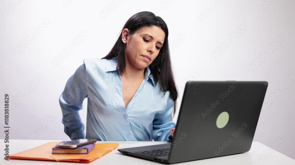 Latin businesswoman suffering back pain at work in slow motion Latin businesswoman suffering back pain at work in slow motion