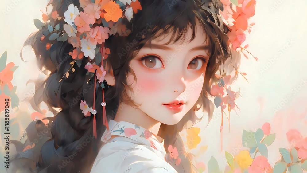 Asian girl, floral crown, garden, sunlight, portrait. Asian girl, floral crown, garden, sunlight, portrait.