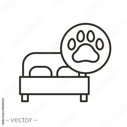 hotel room icon, pets allowed in the room, hotel information sign, bed with paw print, vector illustration, for website, app, ui