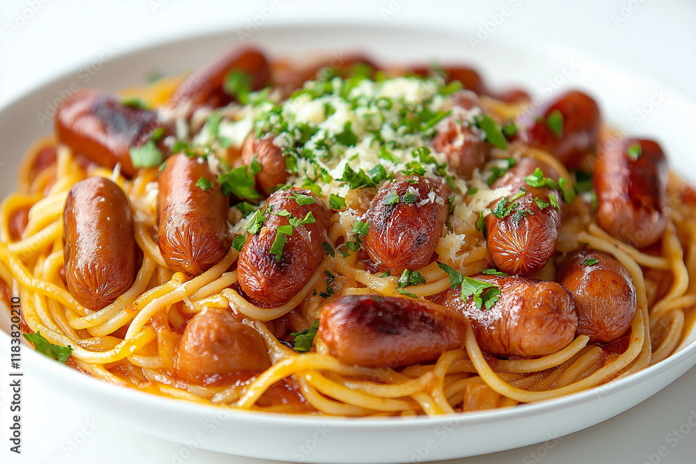 A plate of spaghetti with sausage and cheese on top A plate of spaghetti with sausage and cheese on top