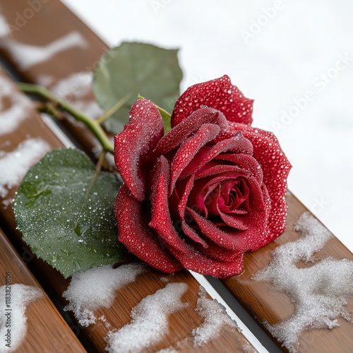 Single Red Rose with Snowflakes