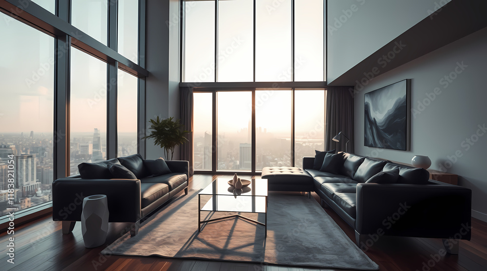 Obraz premium Luxurious High-Rise Apartment Living Room With Cityscape View