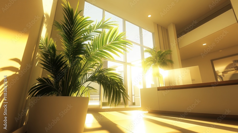 Fototapeta premium Sunlit Interior with Palm Plants and Modern Design