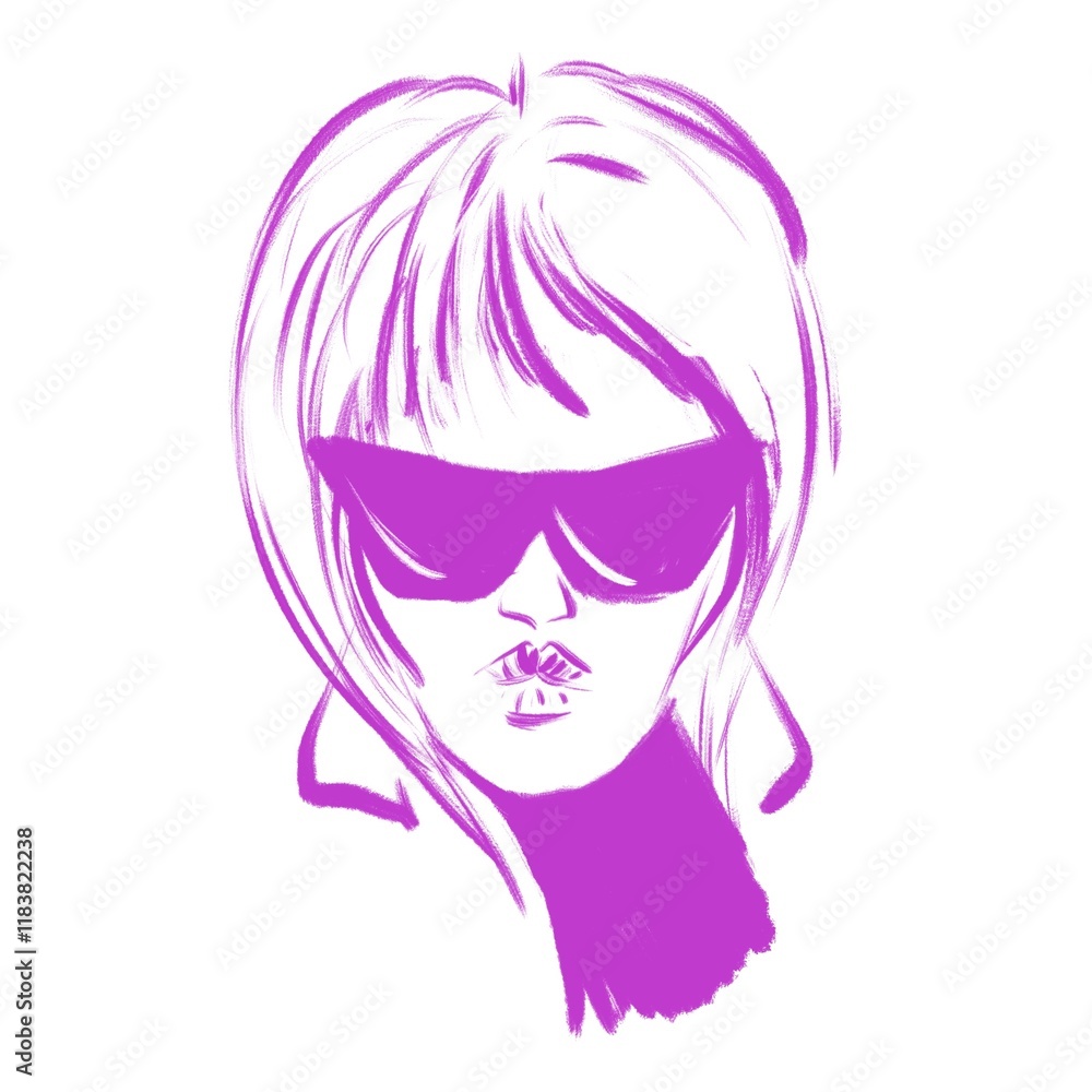 Hand drawn fashion portrait of a young woman, pink ink free hand picture. Sun glasses and big jewellery advertisement 
