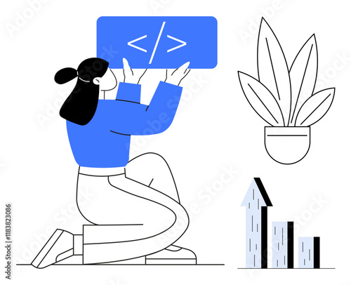 Woman kneeling and holding a code sign, growth chart with upward arrows, potted plant. Ideal for coding, programming, growth, development, career progress learning education. Abstract line flat