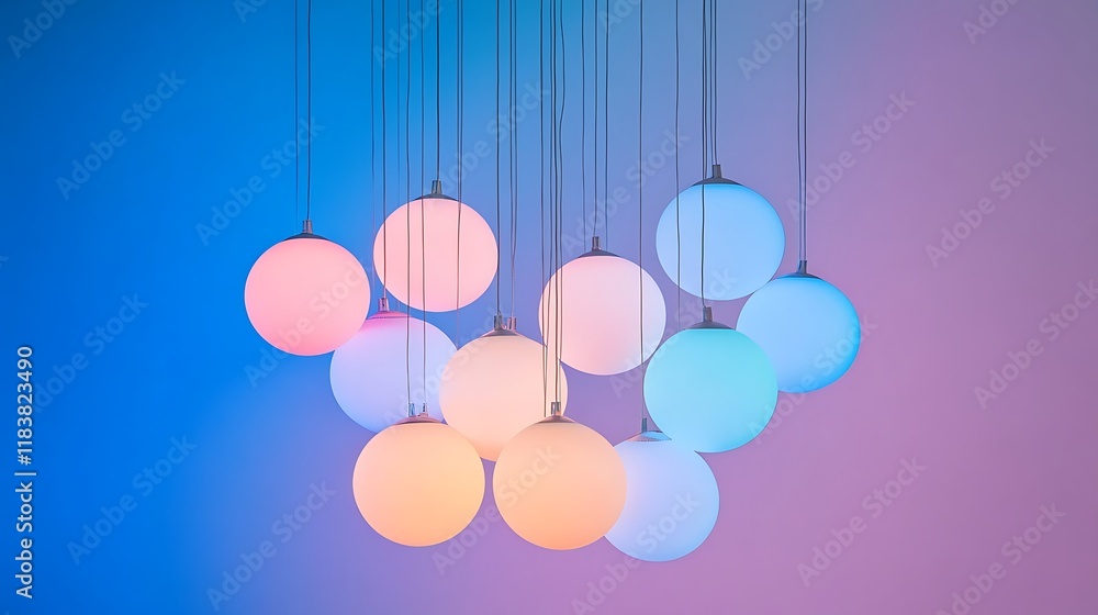 Colorful spherical lamps hang from a ceiling against a gradient background Colorful spherical lamps hang from a ceiling against a gradient background