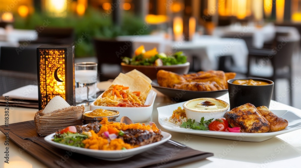A family enjoys an Iftar meal during Ramadan, with traditional food, glowing candles and dim lights, creating a warm and festive atmosphere. A family enjoys an Iftar meal during Ramadan, with traditional food, glowing candles and dim lights, creating a warm and festive atmosphere.