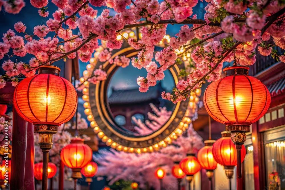 Obraz premium Elegant night photography: circular frame encloses serene blossoms, tranquil Asian garden.