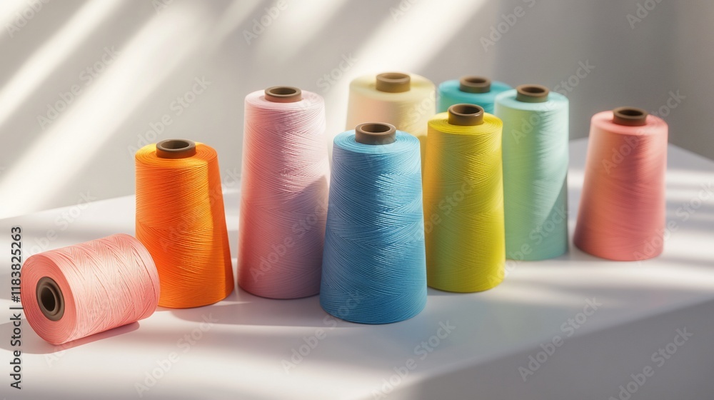 Colorful thread spools on white surface. (1) Colorful thread spools on white surface. (1)