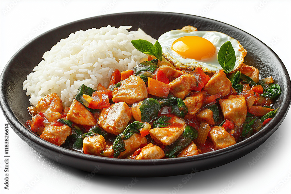 A plate of food with rice, chicken, and an egg A plate of food with rice, chicken, and an egg
